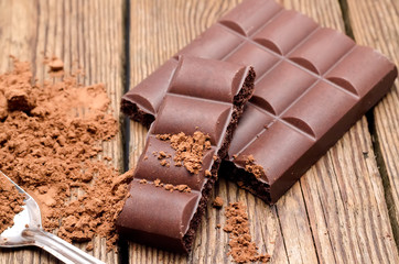 chocolate and the scattered cocoa on a table