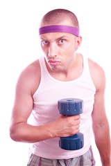 Nerd guy with dumbbells