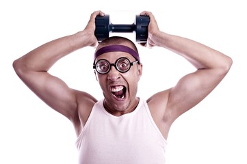 Nerd in glasses with dumbbell trains