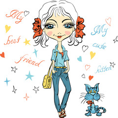 Pretty fashion girl with bows, bag and with cute kitten