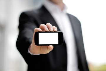 businessman showing black mobile smart phone in hand