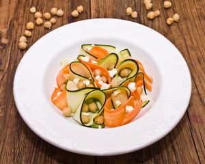 Zucchini salad with carrots, chickpeas and feta cheese