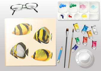 A topview of a painting and the different painting materials
