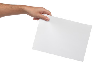 Male hands holding blank paper isolated on white background - 67932525