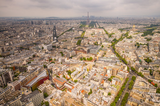 Buildings of Paris and Eiffel Tower aerial view
