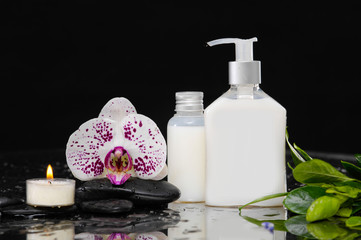 Fototapeta na wymiar Still life with orchid ,massage oil,candle and zen stones