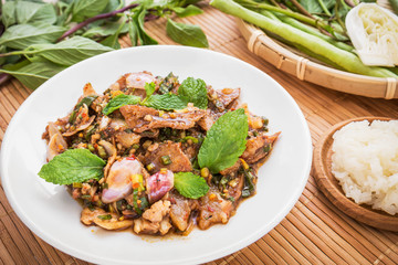 Moo Nam Tok, Spicy grilled pork salad and sticky rice (Thai food