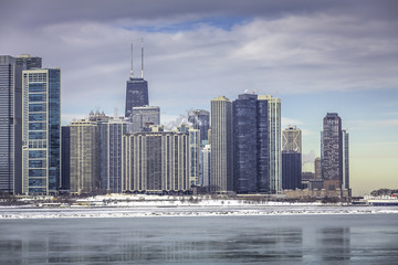 Downtown Chicago winter skyline view