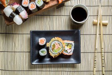 Fresh sushi served with soy sauce