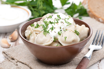 traditional Russian dumplings with sour cream