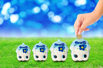 Money Saving with  Piggy bank on grass background