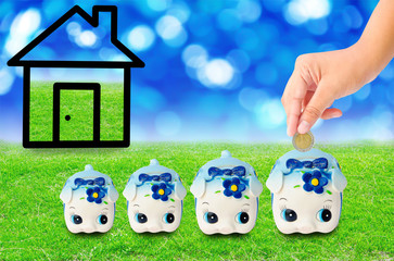 Money Saving with  Piggy bank and home icon.