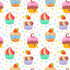 Cute colorful seamless pattern with muffins