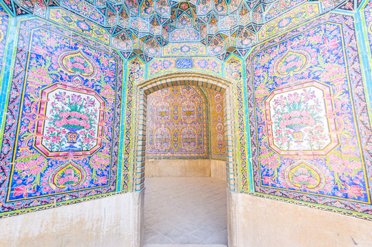 A wall of Islamic arts at Nasir Al-Mulk Mosque in Shiraz, Iran