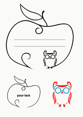 Label with apple and owl bird decoration, art vector.