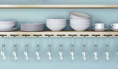 Ceramic kitchenware on shelf.
