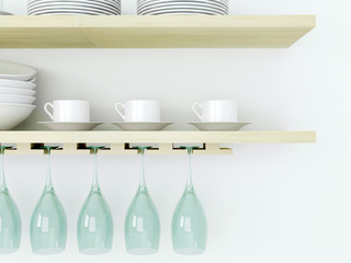 Kitchenware on the wooden shelf.