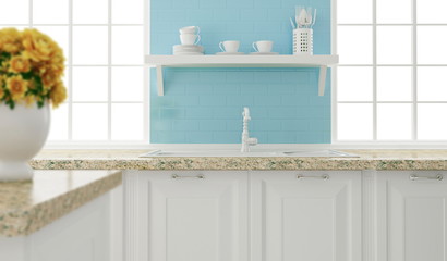 White and blue kitchen design.