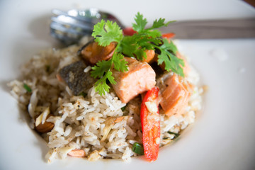 Delicious fried rice with salmon