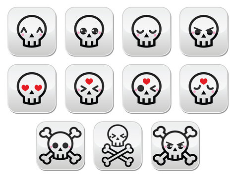 Kawaii cute Halloween skull buttons set