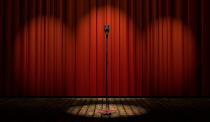 3d vintage microphone on stage with red curtain