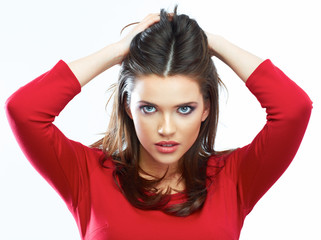 Obraz premium Woman hair beauty portrait. Beautiful girl isolated on white ba