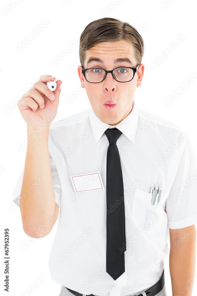 Poster geeky businessman writing with marker