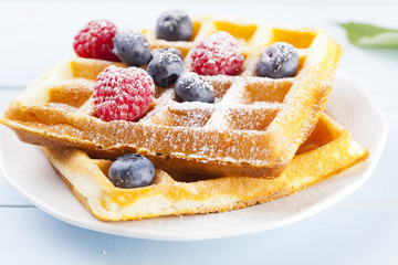Fototapeta na wymiar Homemade waffles with fruit