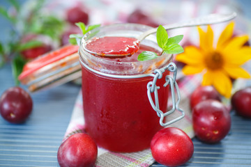 cherry plum jam with a bank