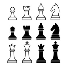 Chess Pieces Including King Queen Rook Pawn Knight and Bishop.