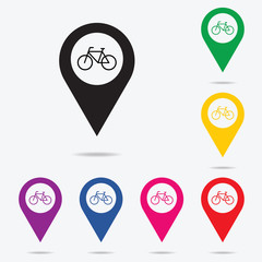 Map pointer with bicycle icon.