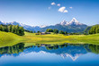 Idyllic summer landscape with mountain lake
                      and Alps