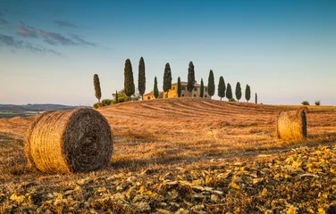 Washable wall murals Toscane Tuscany landscape with farm house at sunset, Val d'Orcia, Italy