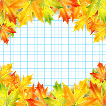 Autumn maple leaves on a background of notebook sheet with place