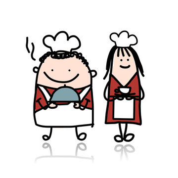 Chief cook with assistant girl, cartoon for your design