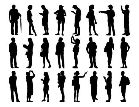 big set of asian people standing silhouettes
