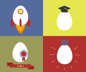 Square icons with egg as rocket, knowledge, rewarding and lamp