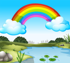 A beautiful scenery with a rainbow in the sky