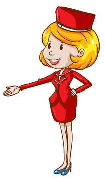 An air hostess wearing a red uniform