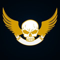 Illustration of a skull with emblem and wings