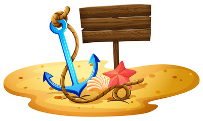 A beach with an anchor and empty signboard