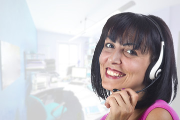 Woman support phone operator in headset, at office