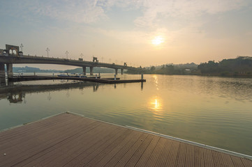 Wooden platform with morning mist