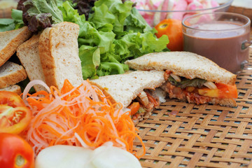 Hot chocolate and tuna sandwich.