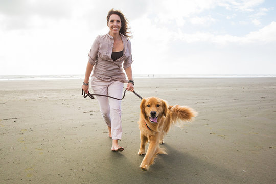 adult woman walking a golden retriever dog at the beach