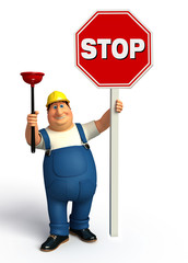Young Plumber with stop sign