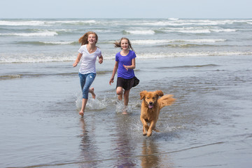 kids and dog running at the beach