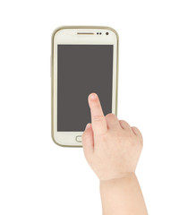 Baby hand pointing white smart phone isolated on white backgroun