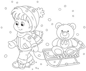 Child walking with her sledge and toy bear