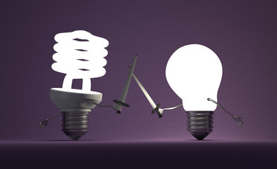 Glowing spiral light bulb and tungsten one fighting duel